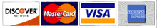 Visa, Mastercard, Discover, American Express logos